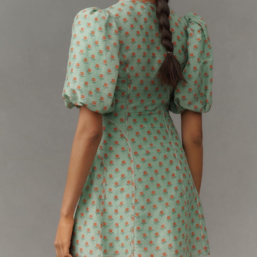 LOVAAN NWT Adeline Mini Puff Sleeve Linen Silk Dress in Green Rosette Size 10 - Picture 3 of 11